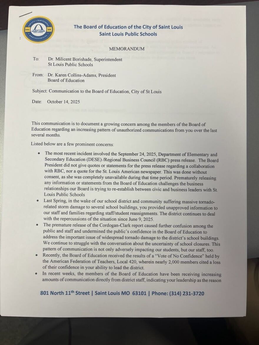 A photo of a letter from the St. Louis Public Schools Board of Education President Karen Collins-Adams to former Superintendent Millicent Borishade.