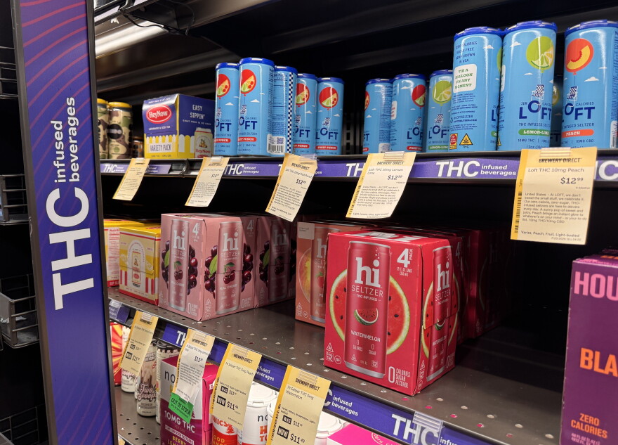 THC-infused drinks are for sale at a Total Wine and More liquor store in Kansas City, Missouri. A federal ban will make hemp-derived products like these illegal beginning in December.