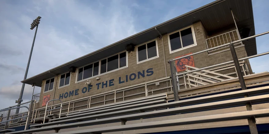The sun sets on the press box of the Lion’s Field football stadium at Carterville High School on March 3, 2026, in Carterville, Illinois.