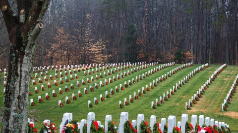 Everyone buried here is a veteran or a spouse/dependent of a veteran. Every year holiday wreaths are placed on each of the graves. It's a solemn but impressive sight.