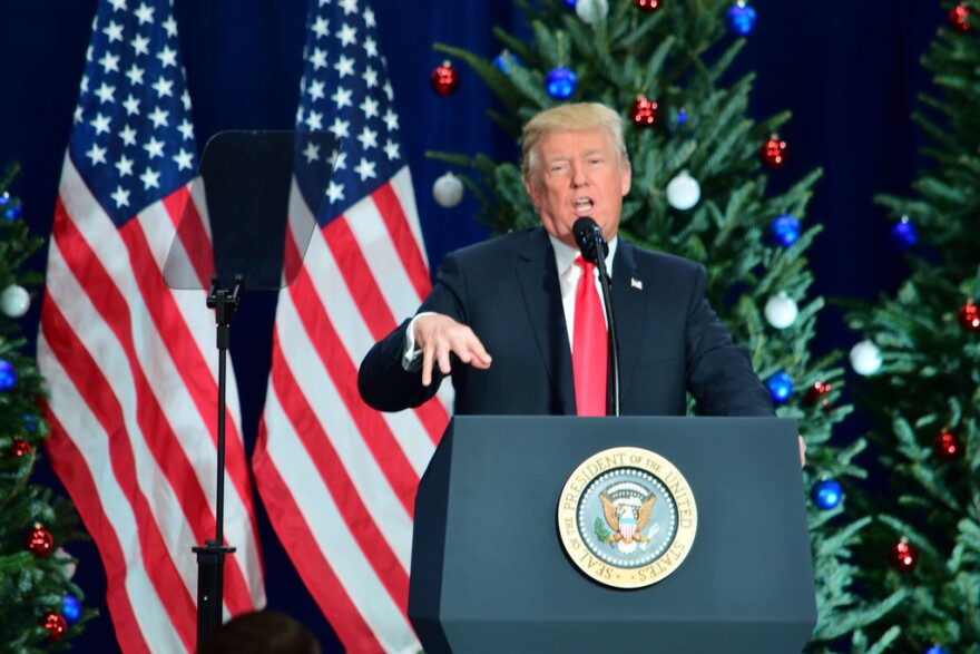 U.S. President Donald J. Trump delivers his remarks to a crowd of invited guests in St. Charles, Missouri on November 29, 2017.