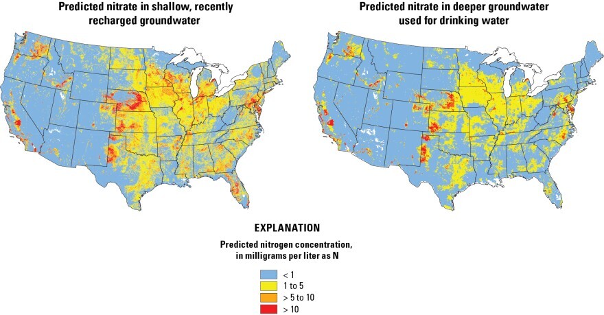 Two maps from the United States Geological Survey show predicted nitrate concentrations in shallow groundwater, left, and deeper groundwater that's commonly used for drinking water. Agricultural regions like western Kansas and the High Plains have some of the most widespread predicted violations.