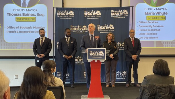 Buffalo Mayor-Elect Sean Ryan introduces his first administrative appointees Friday, Dec. 5. Those appointees, standing behind Ryan are (left to right): Benjamin Swanekamp, Thomas Baines, Maria Whyte, and Eugenio Russi.