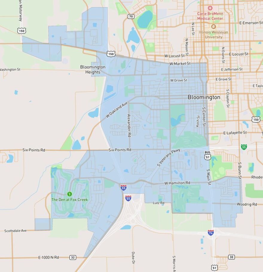 Connect Flex service area map, showing most of southwest Bloomington