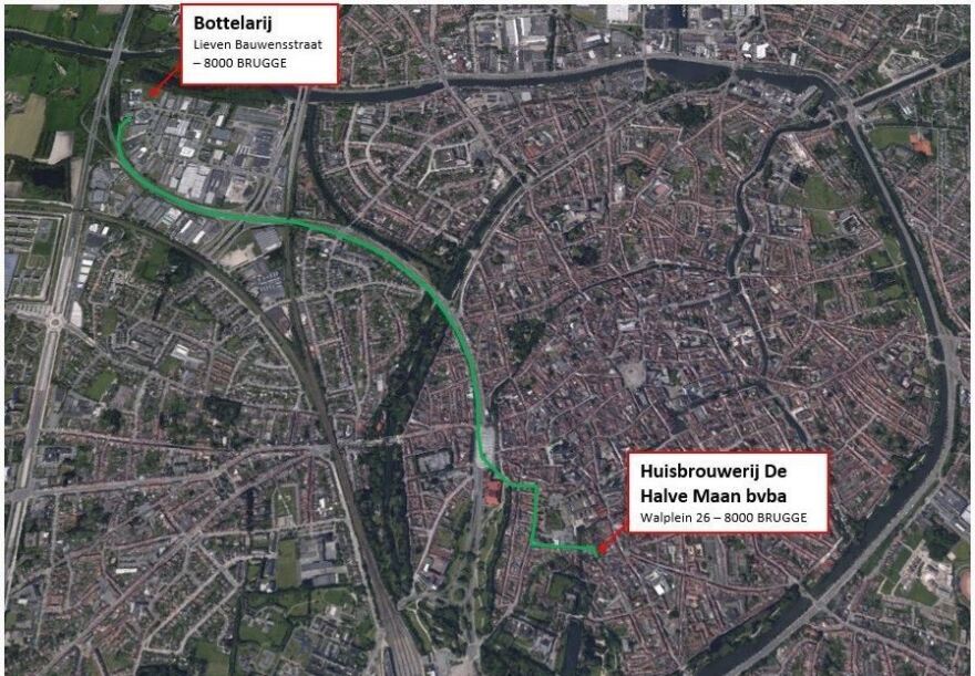 A map provided by the Halve Maan brewery in Bruges, Belgium, shows the projected path of a beer pipeline, from the brewery (lower right) to its bottling plant.