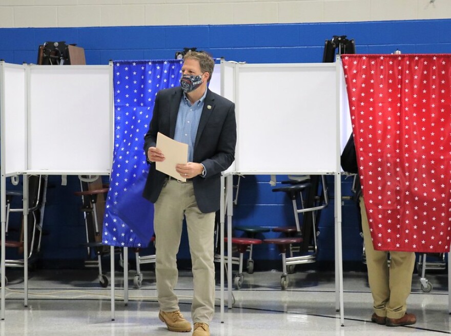 Governor Chris Sununu at the voting polls in Newfields