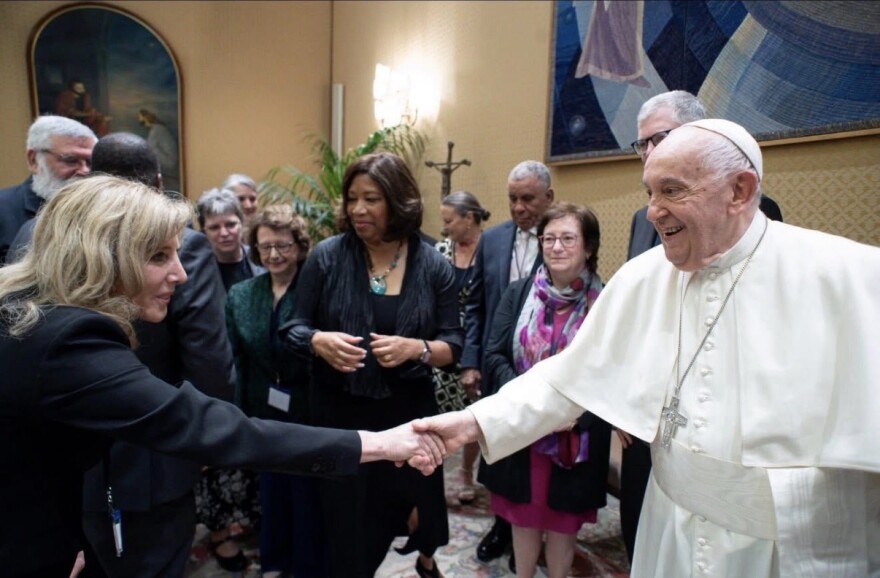 Marywood University President Lisa Lori, left, shakes hands with Pope Francis in May 2024 during a visit to The Vatican with other leaders of Catholic colleges and universities.