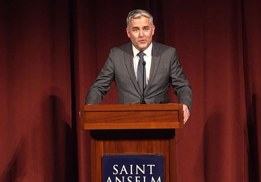 Dr. Michael Lewis will take over as president of Saint Anselm College. He spoke at the college on March 9, 2026.