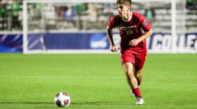 Indiana's Brett Bebej brings the ball upfield against Marshall during Monday night's NCAA men's soccer championship.