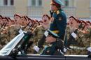Servicemen attend the Victory Day military parade marking the 81st anniversary of the Soviet Union's victory over Nazi Germany during the World War II, at the Dvortsovaya (Palace) Square in St. Petersburg, Russia, Saturday, May 9, 2026 (Dmitri Lovetsky/AP)