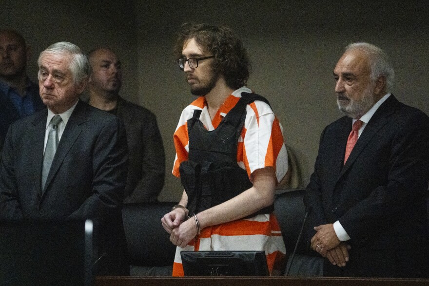 Patrick Crusius stands up to listen to the charges from Judge Sam Medrano in the 409th district Commissioners Courtroom at the Enrique Moreno County Courthosue for his sentencing in El Paso, Texas, April 21, 2025. (Omar Ornelas/Pool Photo via AP)