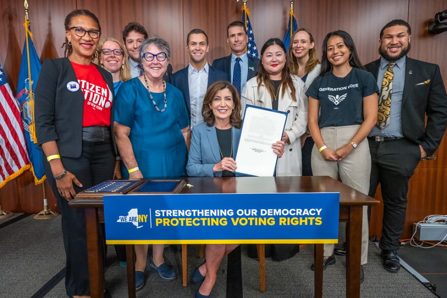  Gov. Kathy Hochul on Sept. 20, 2023, signed bills to expand voting in New York, including the option for mail-in early voting.