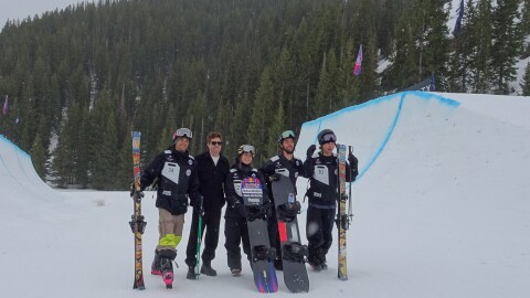 Snow League athletes joined the league's founder, Shaun White, second from the left, to announce a competition at Park City Mountain Resort on Jan. 22-24, 2027. Pictured, left to right, are Nick Goepper, Shaun White, Maddie Mastro, Ryan Wachendorfer and Hunter Hess.