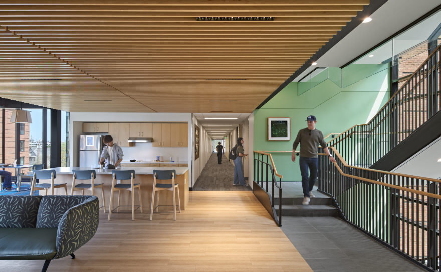 Communal kitchens and stairwells in the new dorms at Case Western Reserve University’s new South Residential Village are awash in daylight and handsomely detailed with lots of wood.