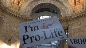 A demonstrator holds up a sign during an anti-abortion rights rally in the Kentucky Capitol.