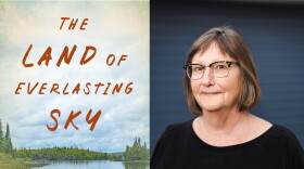 Author Jill Swenson and cover of her book "The Land of Everlasting Sky: