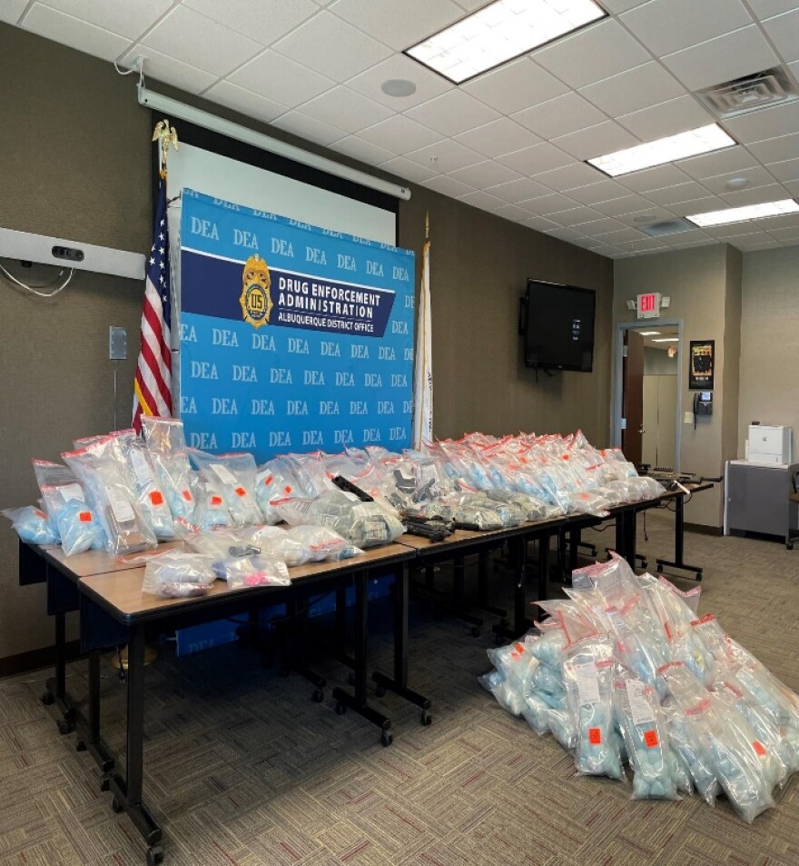 New Mexico Attorney General Raúl Torrez on Aug. 3, 2026, accused the federal Justice Department and federal prosecutors of wrongly denying Torrez’s request for records related to federal drug agents fentanyl investigations in New Mexico. Pictured above: Cash and drugs seized in Santa Fe and Albuquerque in April, 2025. (Courtesy U.S. District Attorney’s Office, District of New Mexico)