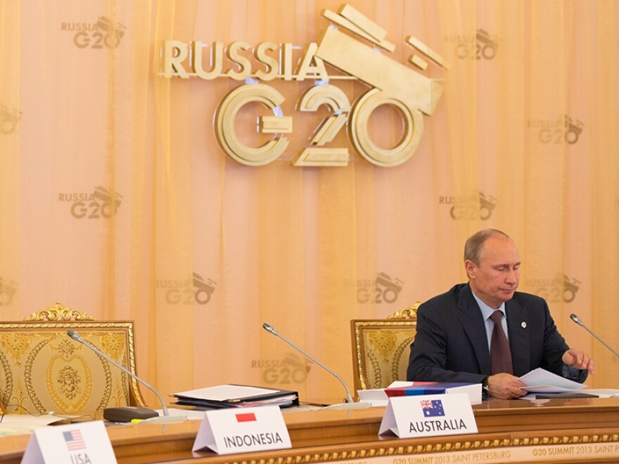 President Vladimir Putin opens an afternoon plenary session at Konstantinovsky Palace during the G20 Summit in Saint Petersburg, Russia, Sept. 6, 2013.