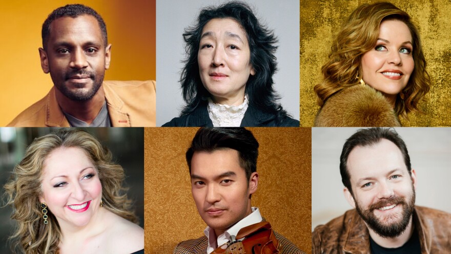 Six-panel image of artists of the Boston Symphony's 2024-2025 season. The headshots are bronze, silver, and gold.