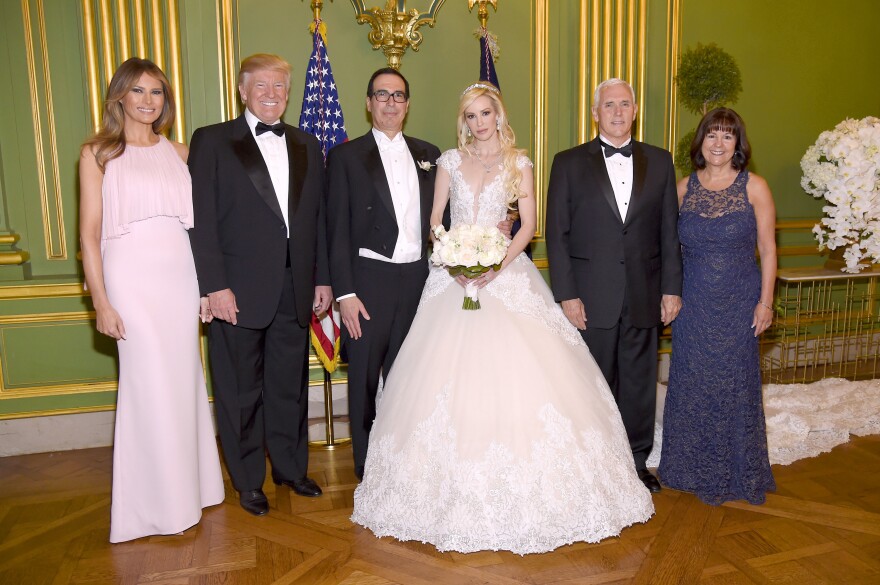 First lady Melania Trump, President Trump, Secretary of the Treasury Steven Mnuchin and wife Louise Linton, Vice President Pence and second lady Karen Pence are photographed at Mnuchin and Linton's wedding on June 24 in Washington, D.C.