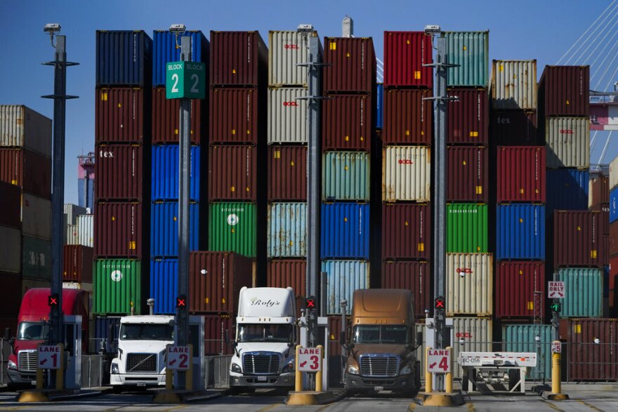 Shipping containers sit at the port in Long Beach, Calif., last month.