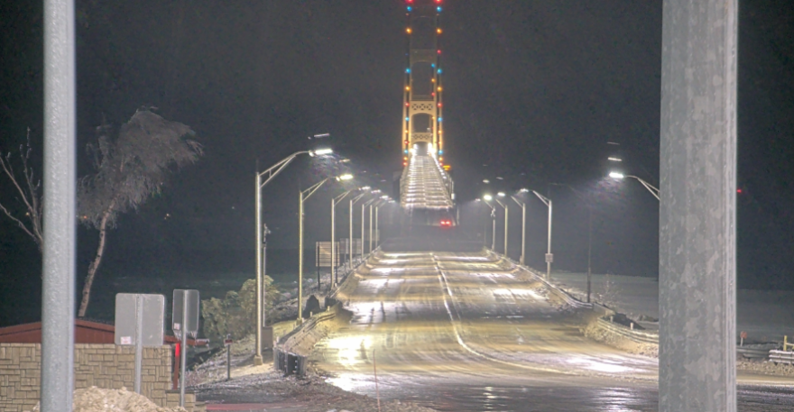 The Mackinac Bridge in the early morning hours of Sunday, March 30, 2025, as an ice storm hit northern Michigan.