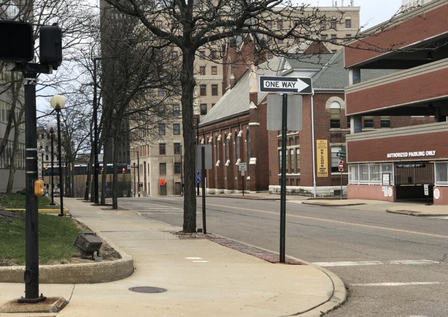 Empty streets, like this one in Akron, are the new normal in the coronavirus lockdown. Experts say it could be months before life returns to seminormal. [Jennifer Conn / WKSU]