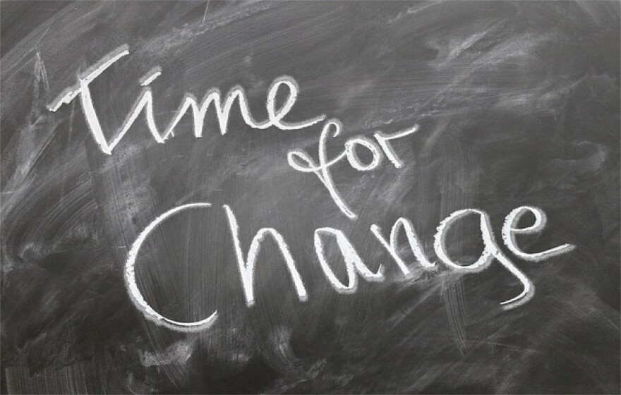 A chalkboard with the message "time for change" on it.