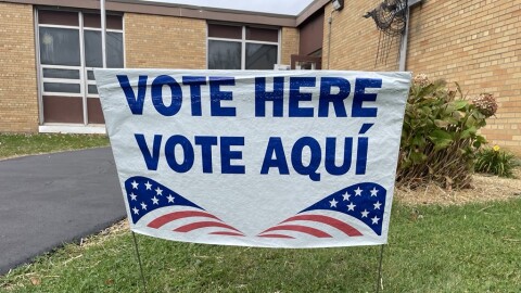 "Vote Here" signs outside St. Theodore's Church on Spencerport Road in Gates, which was an early voting polling site in the 2024 general election.