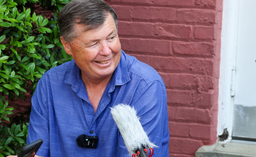 Sloan Stewart, Mayor of Moore County and Lynchburg, interviewed on the steps of the county courthouse.