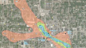 A map of contaminated groundwater in Martinsville, 2021. The blue indicates where the highest concentrations of PCE and TCE were found. The EPA suspects the water pollution mostly came from a local laundry and dry cleaning business in the 1980s.