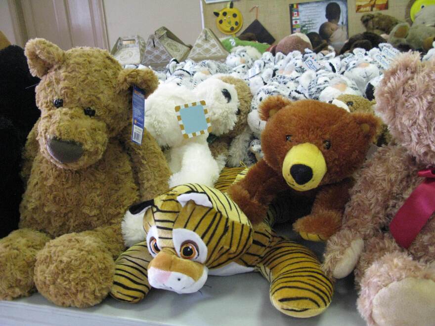 Hundreds of stuffed animals await Sandy Hook students, who will be attending a new school in a neighboring town in January.