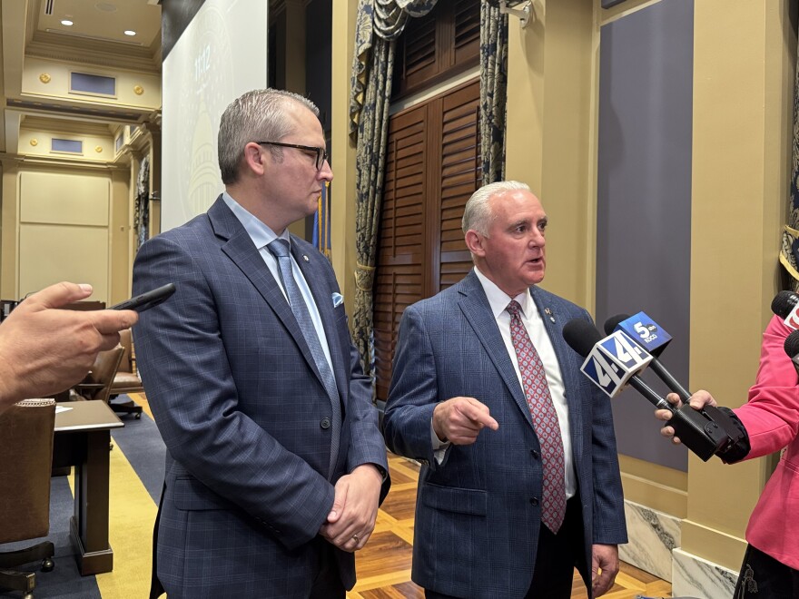 Rep. Mark Lawson, R-Sapulpa (left) and Sen. Paul Rosino, R-Oklahoma City, talk to reporters following Monday's hearing.