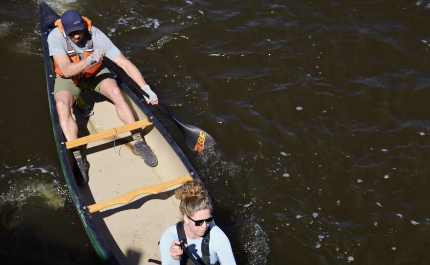 Paddlers race in the Kenduskeag Stream Canoe Race.