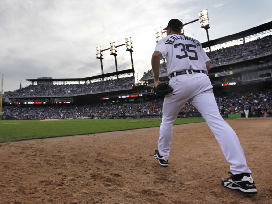 <p>Detroit Tigers pitcher Justin Verlander walks to the mound during the fifth inning in Game 5 of baseball's American League championship series against the Texas Rangers on Thursday, Oct. 13, 2011, in Detroit.  </p>