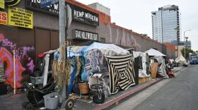 Tents of unhoused people line a street in Hollywood, California.