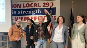 Val Hoyle, second from right, declared victory in the race for Oregon's Fourth Congressional District on Tuesday night. On Hoyle's right is Rep. Peter DeFazio, the Springfield Democrat who is retiring after 36 years in office.