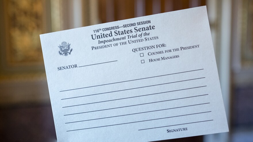 Senators are using these cards to hand-write their inquiries during President Trump's impeachment trial. The cards are passed up to Chief Justice John Roberts.