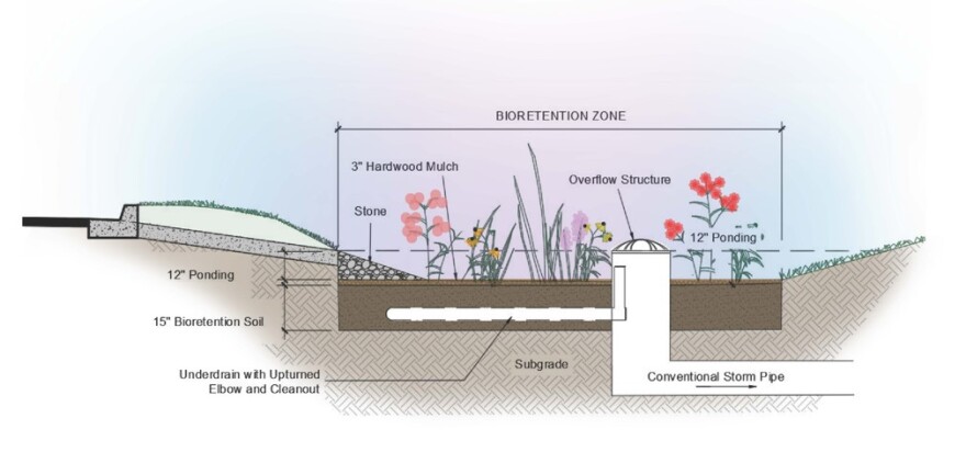 A rendering of a sample bioretention garden.