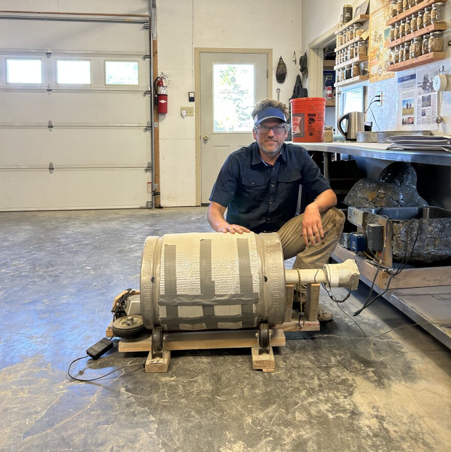 Ryan Pfeifle with his prototype malting drum. Pfeifle is building a 4,500 square foot distillery and tasting room near Power, MT, to sell whiskey made from Montana barley.