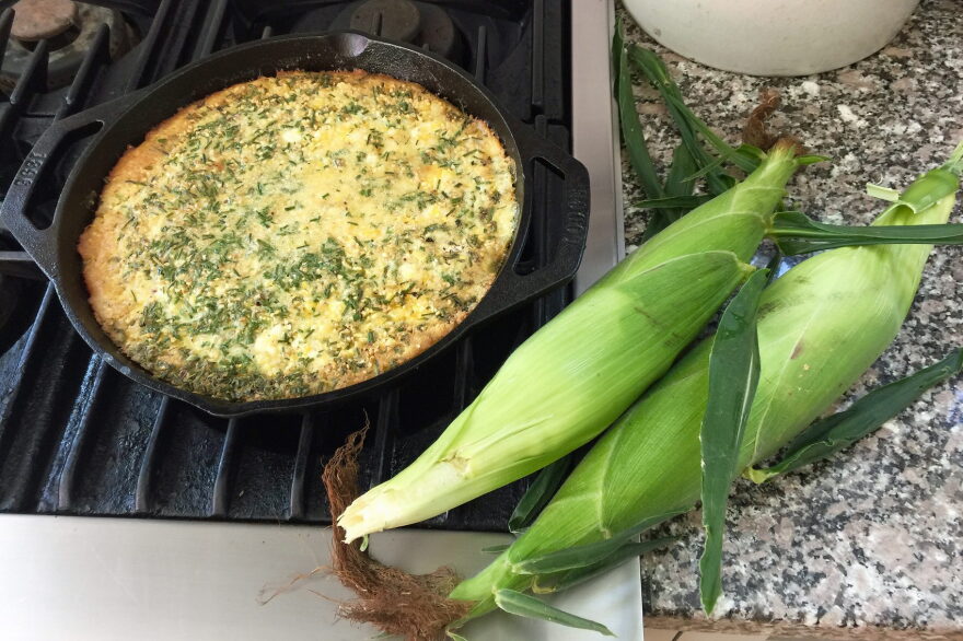 Buttermilk cornbread with fresh corn, herbs and goat cheese. (Kathy Gunst for Here & Now)