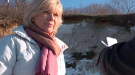 Chicago native Nancy Schwab stands in front of a large scour that is threatening her vacation home in Beverly Shores, Indiana.