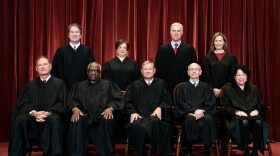 Seated from left: Associate Justice Samuel Alito, Associate Justice Clarence Thomas, Chief Justice John Roberts, Associate Justice Stephen Breyer and Associate Justice Sonia Sotomayor, standing from left: Associate Justice Brett Kavanaugh, Associate Justice Elena Kagan, Associate Justice Neil Gorsuch and Associate Justice Amy Coney Barrett pose during a group photo of the Justices at the Supreme Court.
