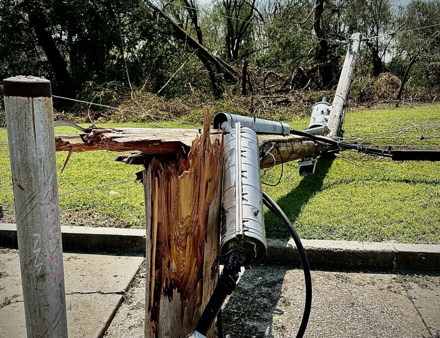Power pole splintered by thunderstorm