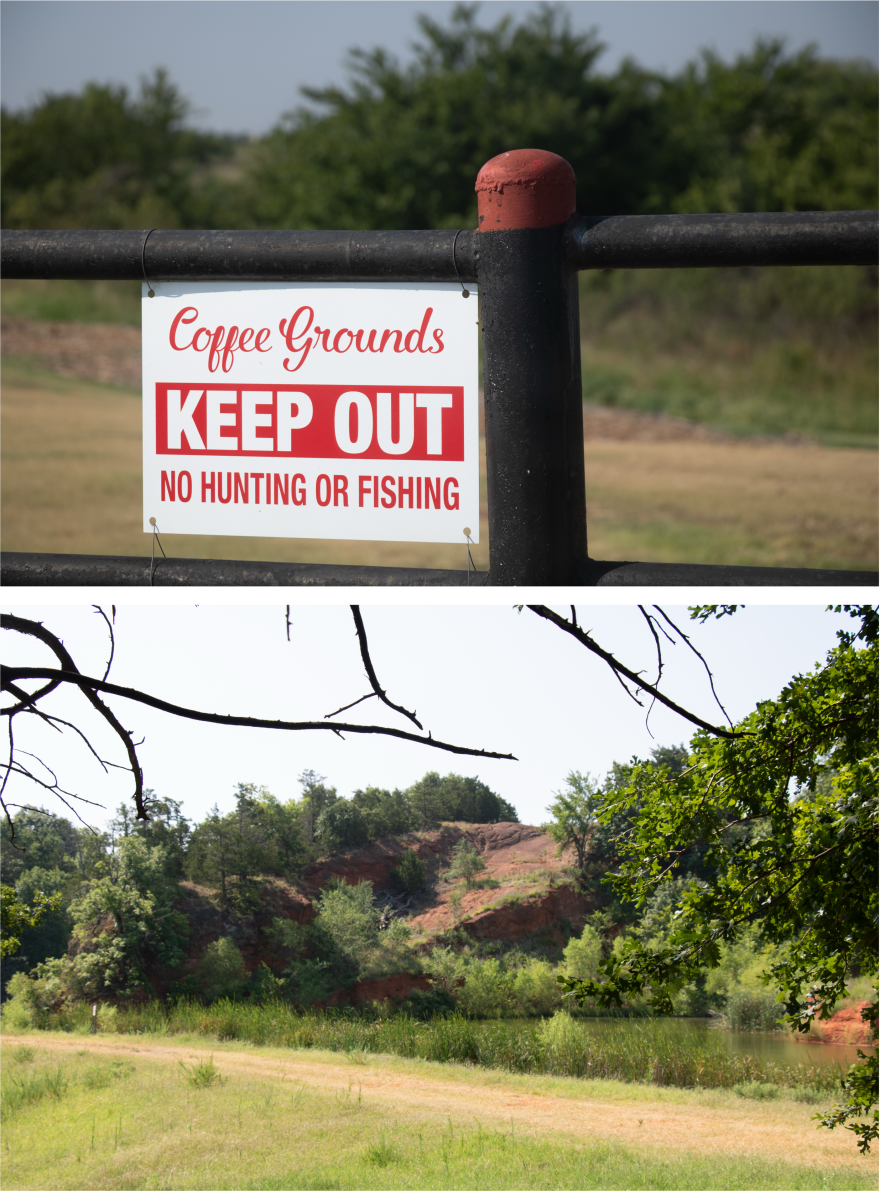 Top: The Coffees' property is surrounded by signs that warn against trespassing. Bottom: The reservoir created by Coffee dam No. 6, as seen across the fence between Cedar Lake and the Coffees' property.