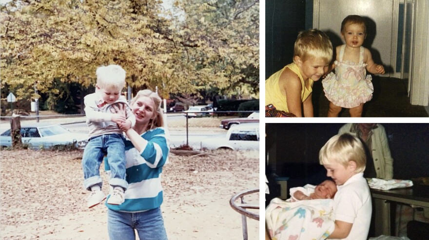 Family photos of Alex, his mom, Deborah, and sister, Marie.  Deborah (left) holds Alex when he was a child. Alex (top right) and Marie play together. Bottom right, Alex holds Marie as a newborn.