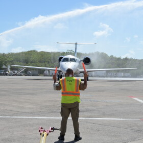 Pictured: Contour Airlines’ inaugural flight between St. Thomas and St. Maarten receives a water salute upon landing at Cyril E. King airport on October 5, 2026.
