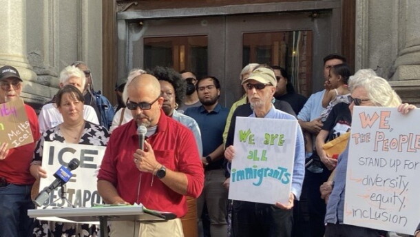 Luis Torres, president of Metro Justice, speaks Tuesday, Sept. 8, 2026, on the steps of the Monroe County Office Building during launch of the "Protect Our Neighbors" campaign seeking a united resistance to the federal immigration enforcement crackdown.