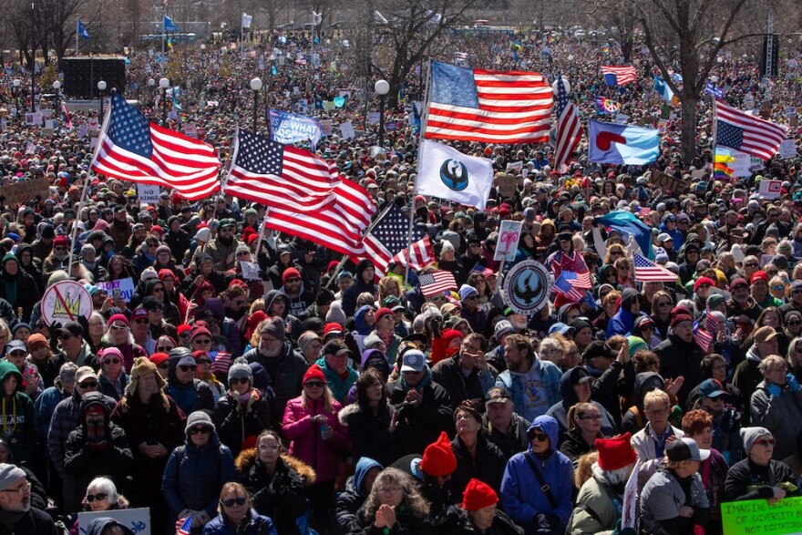 Tens of thousands of people gathered at the Minnesota State Capitol in St. Paul for the No Kings protest on Saturday, March 28, 2026. (Photo by Nicole Neri/Minnesota Reformer)