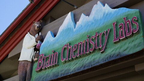  A close-up of a sign above a business, with the words “Brain Chemistry Labs” against a silhouette of the Tetons. There’s a brown bear on the sign wearing a lab coat and holding a beaker.